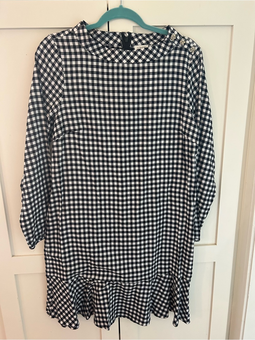 J. Crew Black and White Gingham Dress with Embellished Shoulder